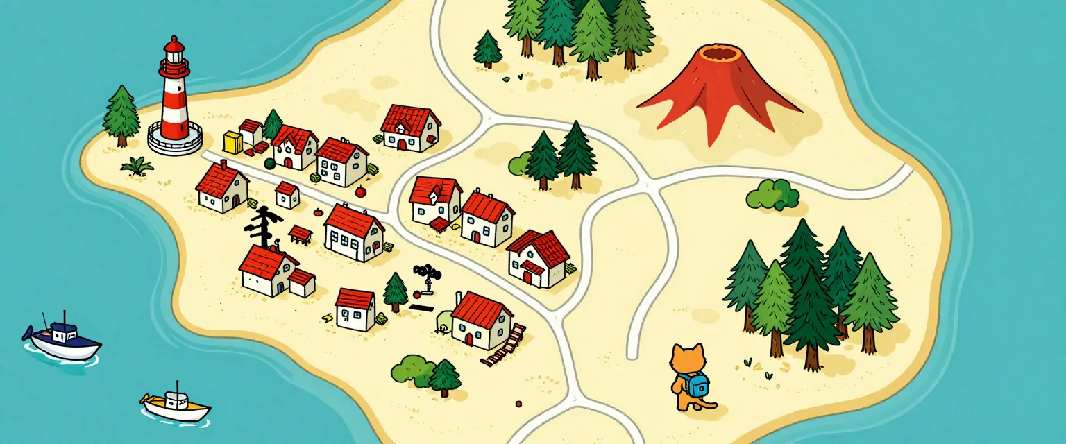 A hand-drawn adventure map of an island with seaside towns, a lighthouse, a volcano, a forest and a kitten explorer