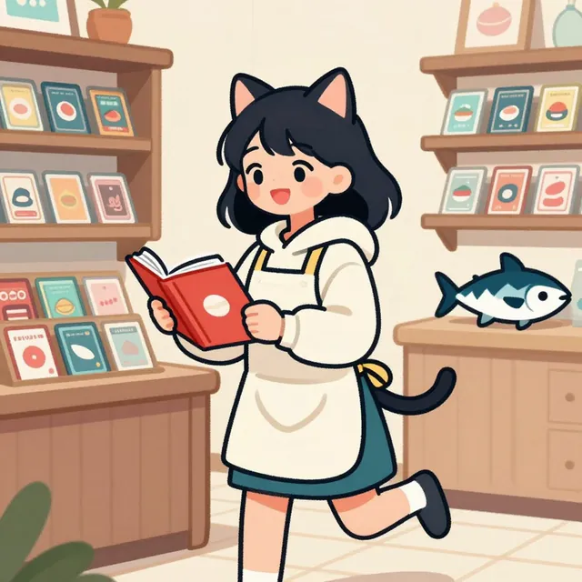 A cat-eared shopkeeper in an apron reading a card binder in a cozy card shop