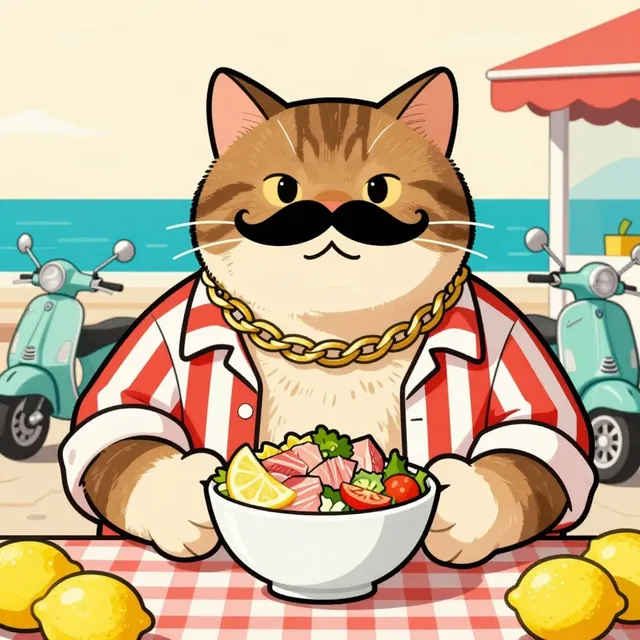 A big mustached tabby chef in an open striped shirt and a gold chain holding a tuna poke bowl at a seaside trattoria