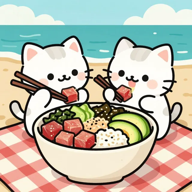 Two white kittens eating a tuna poke bowl with chopsticks on a beach picnic blanket